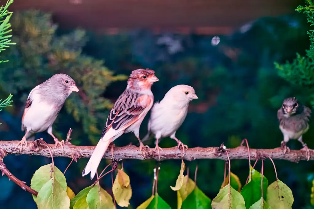Gemischte Kanarienvögel sitzen auf einer Stange